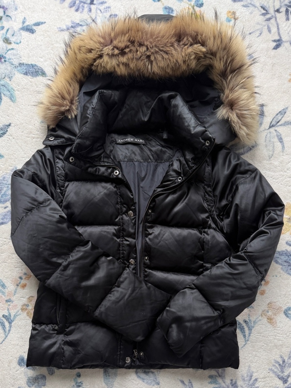 Andrew Marc Black Puffer Coat with Faux Fur Trim Hood